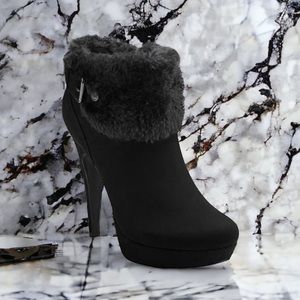 Guess Black Faux Fur Trim Platform Ankle Booties